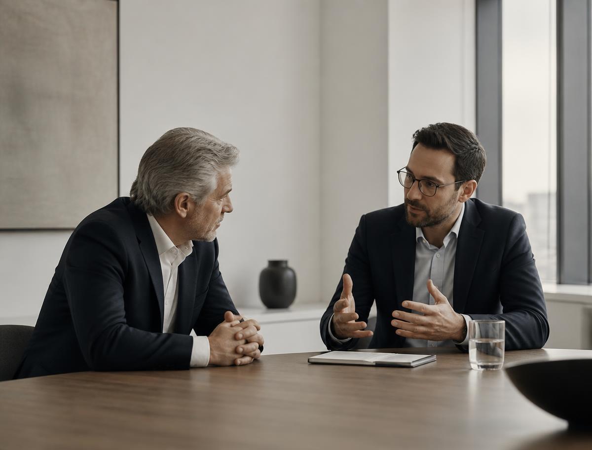 Zwei Führungskräfte im Gespräch an einem Besprechungstisch